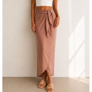 Bondi Born Ardea Womens Large Mocha Draped Wrap Maxi Skirt Satin Lyocell Resort